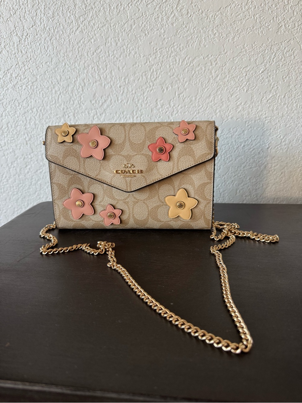 Coach Beige Signature Canvas Crossbody with Pink & Yellow Floral Appliqués